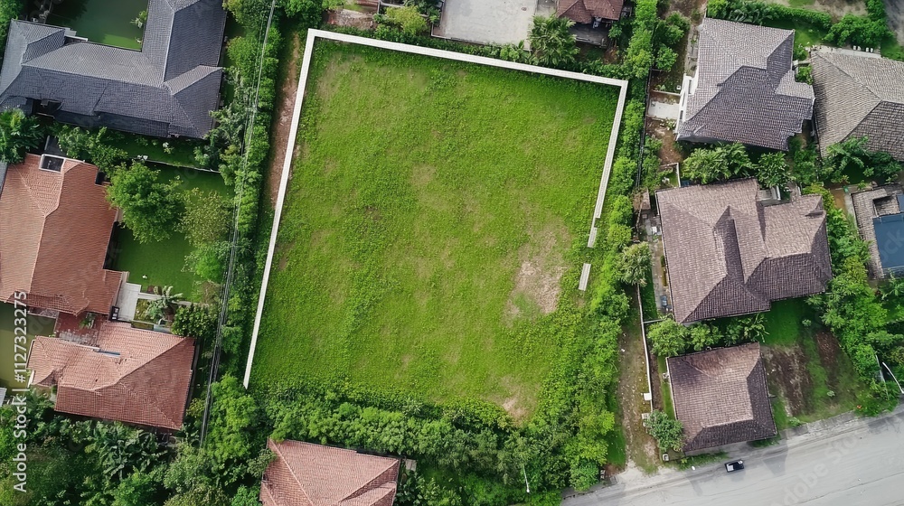 Aerial view of vacant land plot surrounded by residential properties for real estate investment and development opportunities